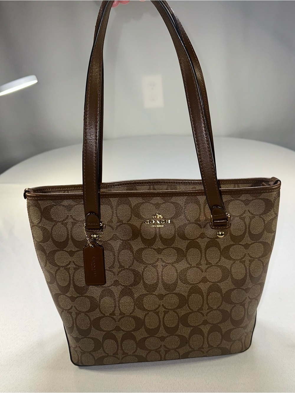 Coach Women's Zip Top Tote In Signature Khaki Saddle Monogrammed F58294